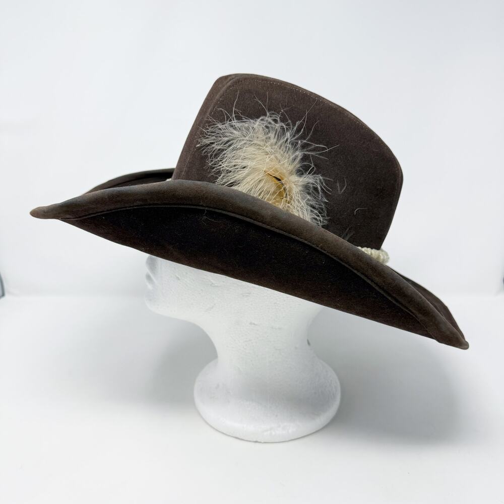 Vintage 70s Brown Suede Western Style Hat Size Medium Made in USA Feather Accent
